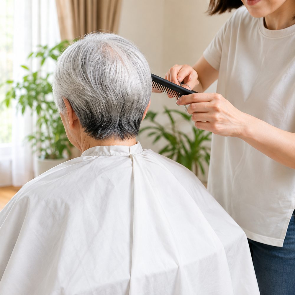 ご自宅で理美容サービスを受けているイメージ