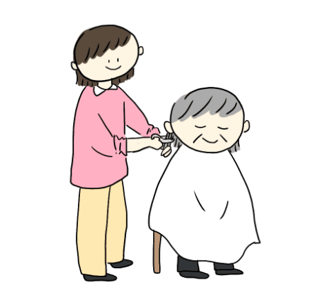 訪問理美容で高齢者の整髪をしている様子のイラスト