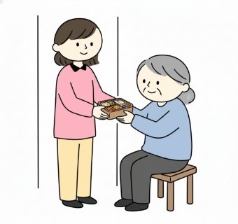 配食サービスで高齢者にお弁当を手渡している様子のイラスト